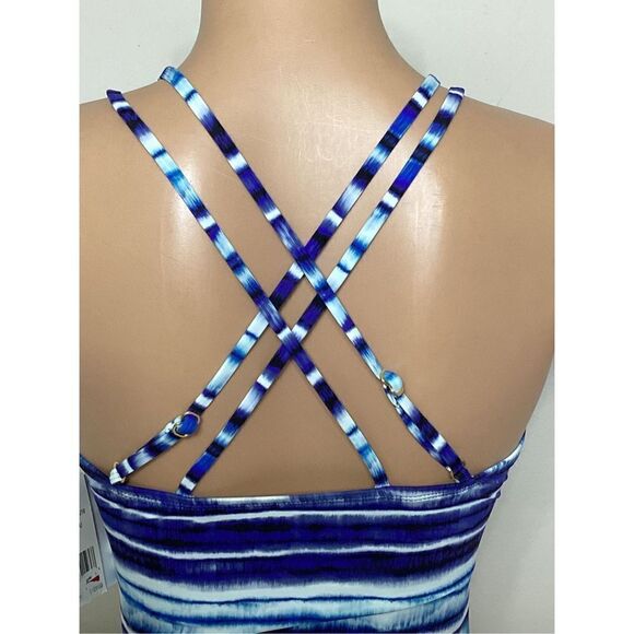 New. La Blanca BLUE Serene Stripe Tummy-Control Strappy One-Piece Swimsuit. Reta - Picture 6 of 12